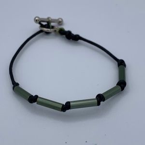 Green Metallic Bead and Leather Bracelet